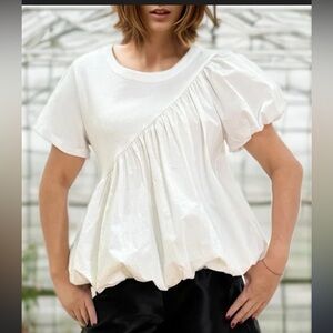 N ByNancy Bubble Hem puffed sleeve White Babydoll Y2K Women's Top size M NEW